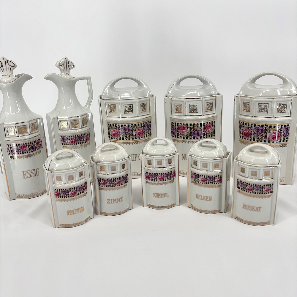 Vintage 1920s Art Deco German Porcelain 10-Piece Canister Set Rose Floral Gold